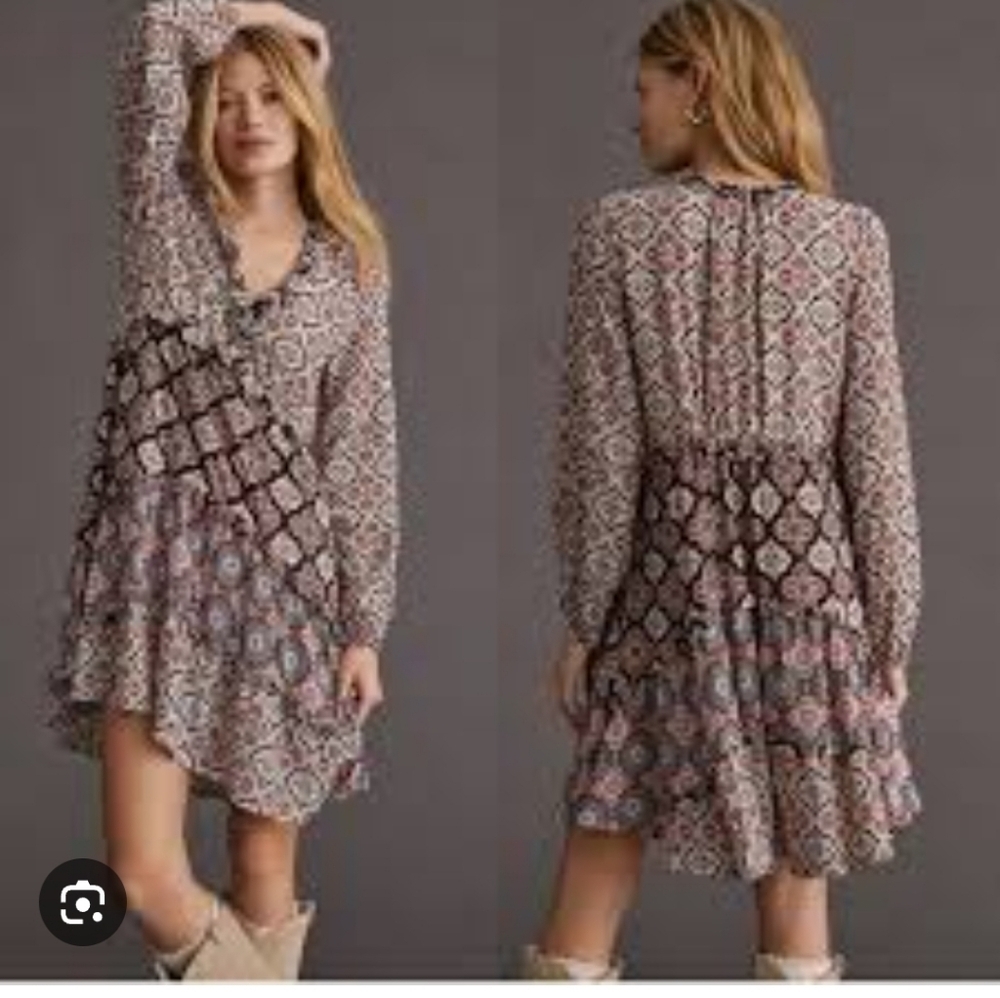 NWT Anthropologie Tan Brown Boho V Neck Dress 100% VISCOSE